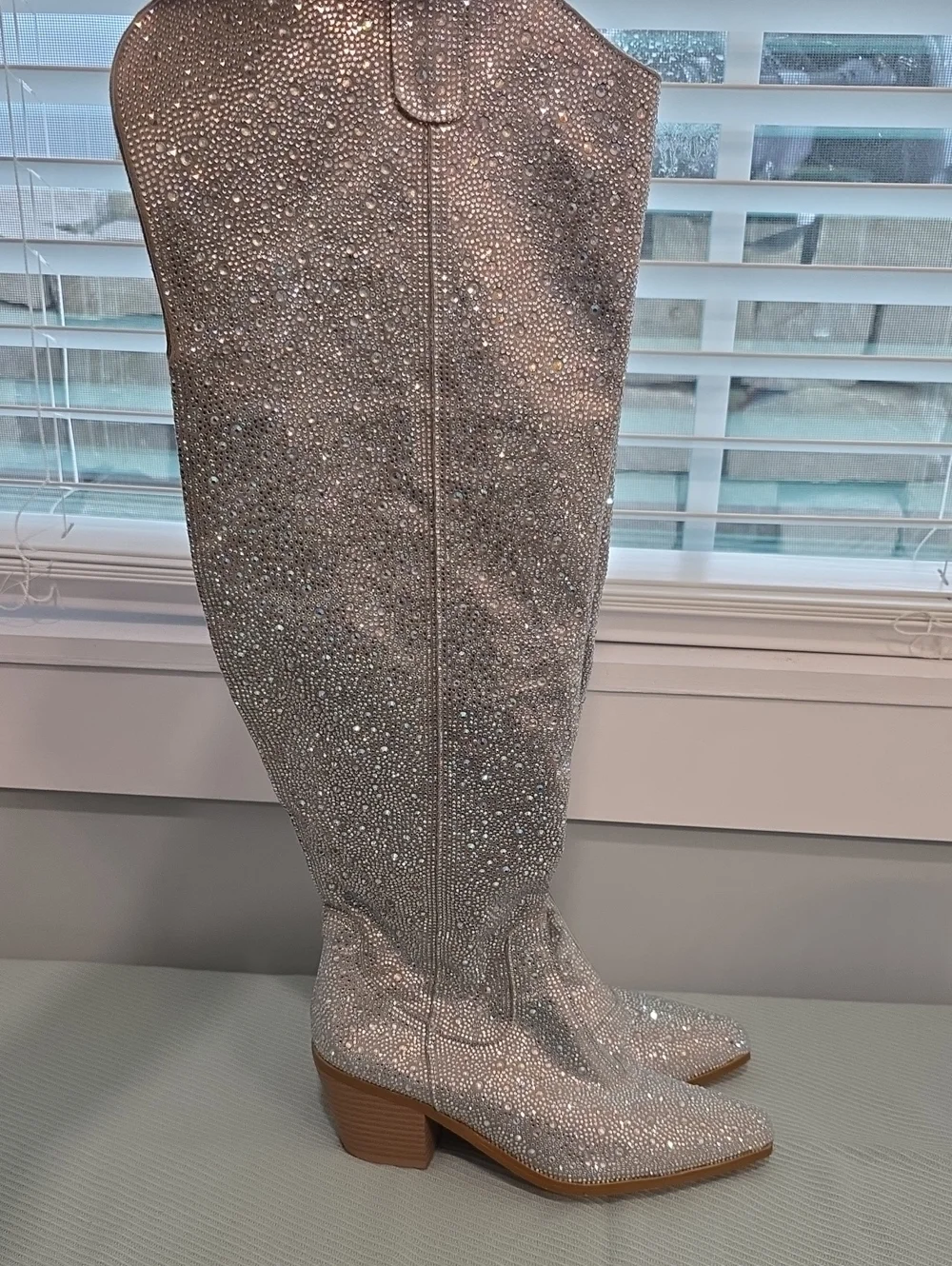 Crystal-Embellished Over-the-Knee Boots in Silver